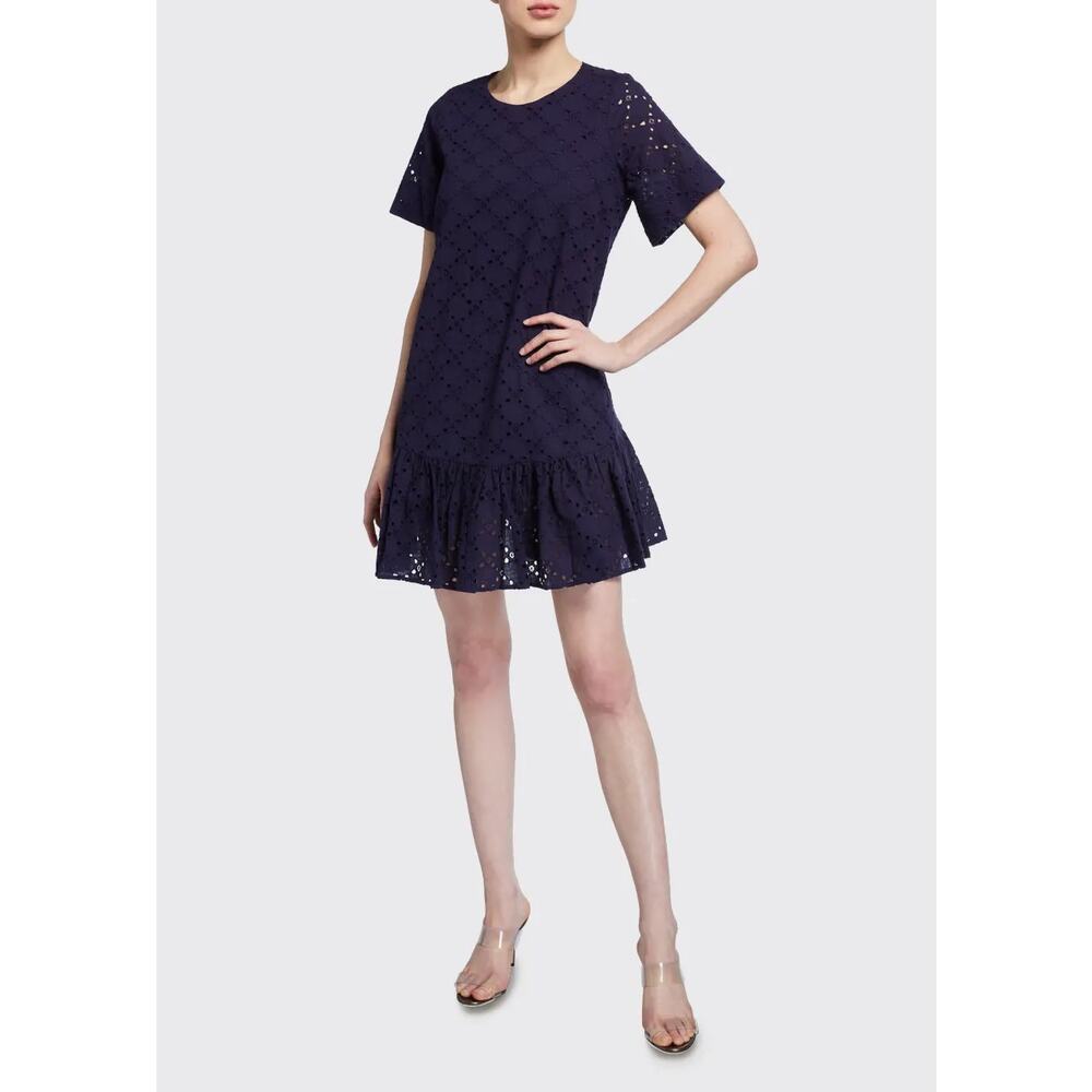 Milly Navy Cece Leaf Eyelet Flounce-Hem Ruffle Short Shift Dress, 2